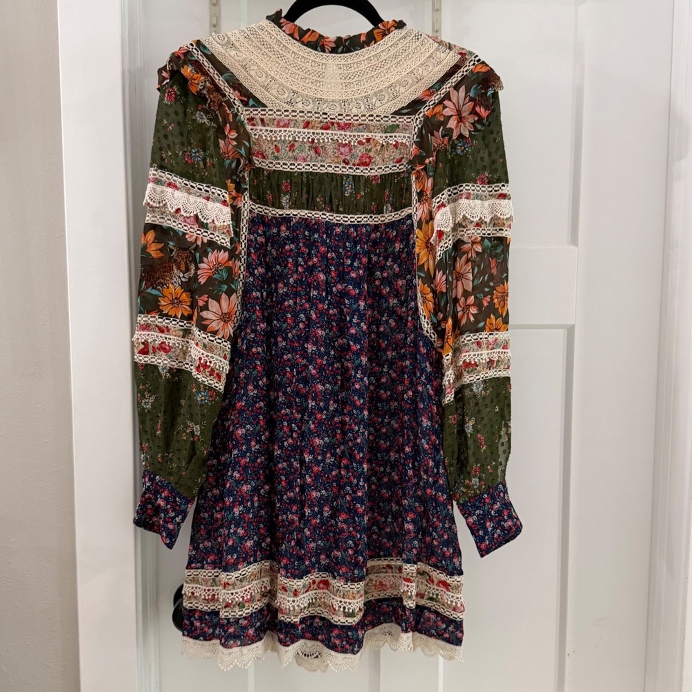 Farm Rio Mixed Liberty Floral Mini Dress S Crochet Lace Ruffle Boho Cottagecore